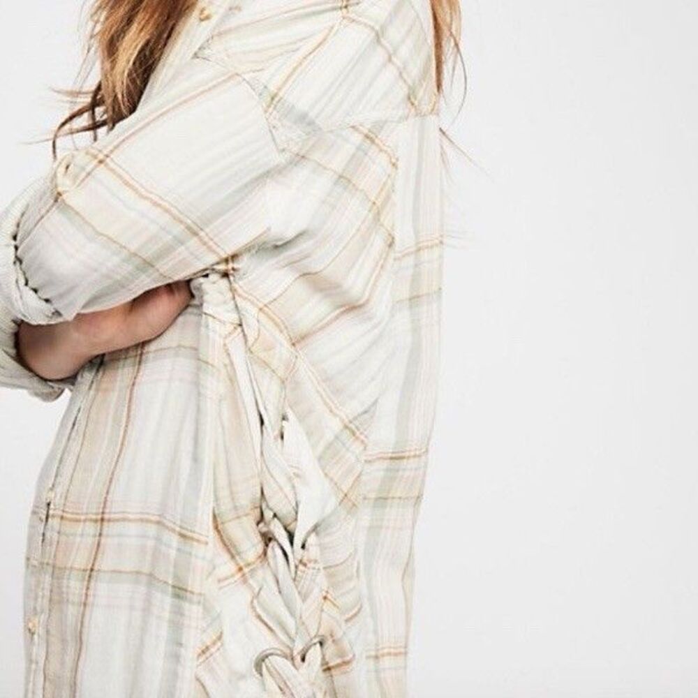 Free People Nordic Day Plaid Tie-Hem Shirt Size XS Oversized Size Gauzey Flannel